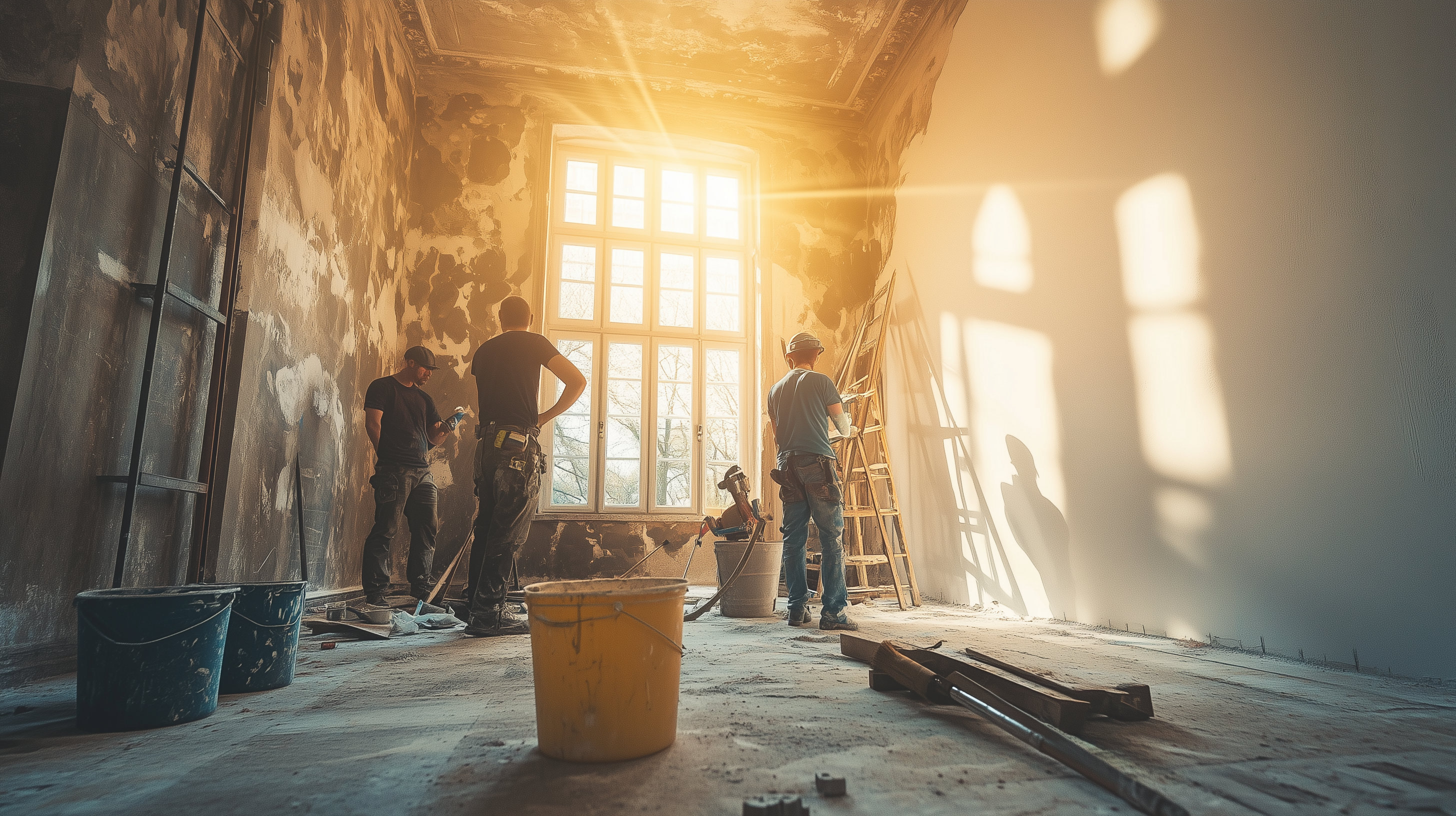 Foto von Handwerkern, die eine Wände eines Raumes in einer Altbauwohnung streichen